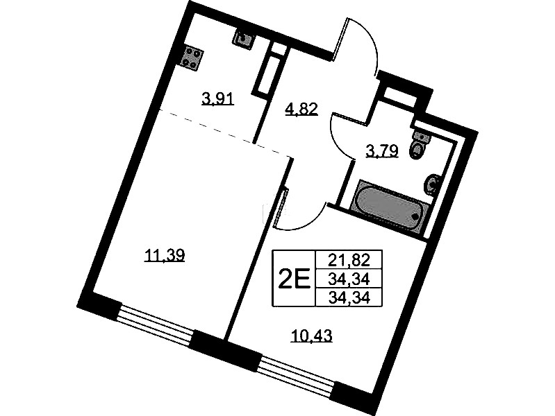 1-комнатная квартира 34.34 м², 8/9 эт., ЖК «Квартал Лаголово»
